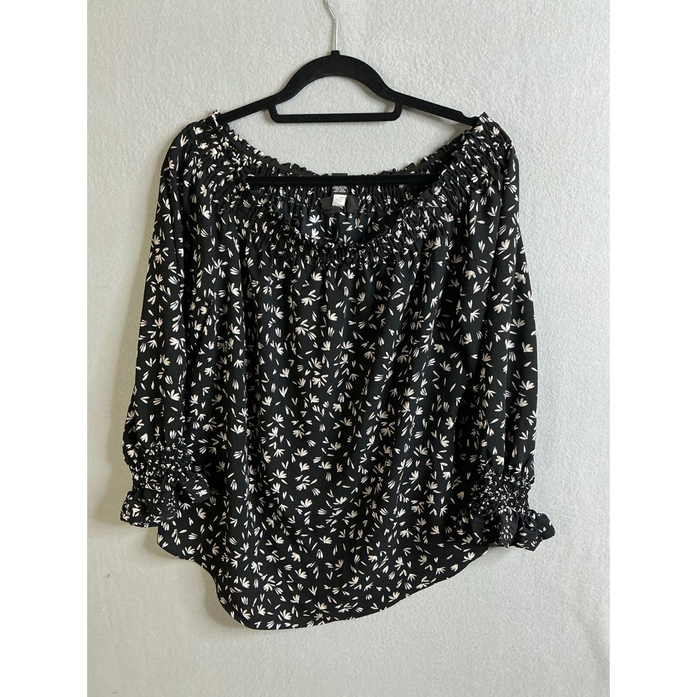 Alfani Top Women's Small Floral Print Blouse Off Shoulder Long‎ Sleeve